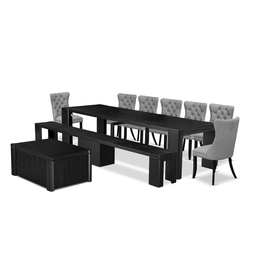 Luxe East West Furniture X07DA-BC6-27 10-piece Dining Room Table Set a Rectangular Kitchen Table with a coffee Table and a wooden Benh and 7 Light Gray Faux Leather Dining Room Chair, Wire Brushed Black Finish.