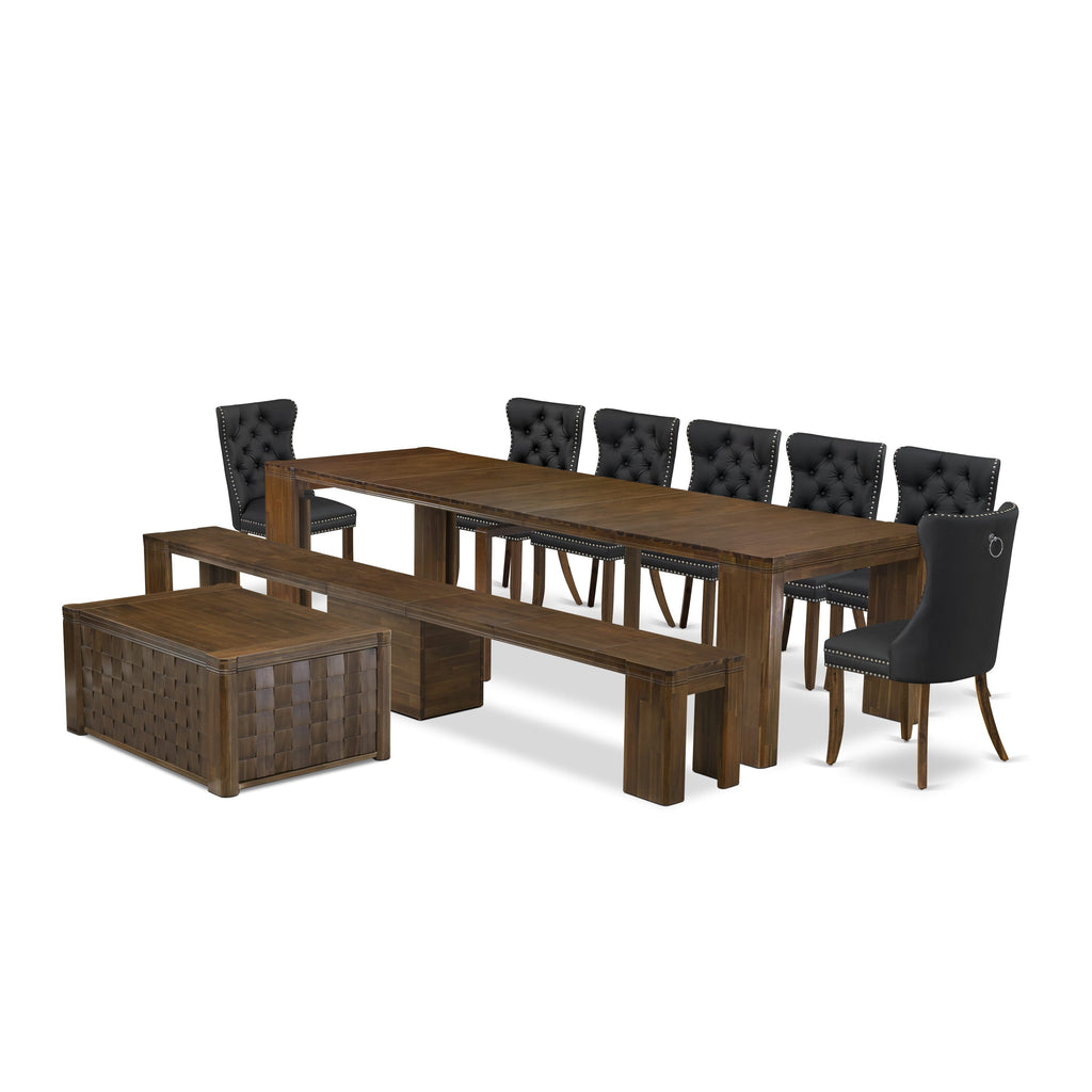 Luxe by East West Furniture X07DA-BC8-12 -10 Pieces Extendable Dining Set Includes a Rectangle Kitchen Table, 1 Coffee Table, 7 Dining Chairs and 1 Modern Bench, Antique Walnut