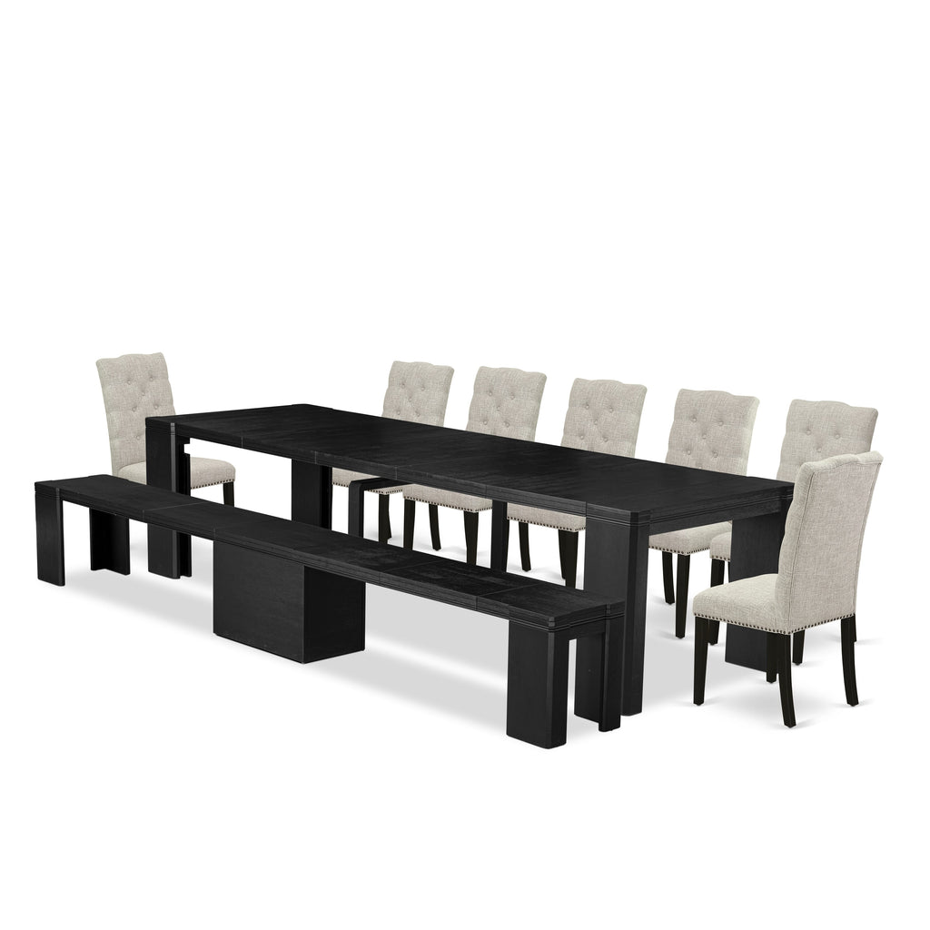 Luxe East West Furniture X07EL-B06-35 9-piece Dining Room Table Set a Rectangular Kitchen Table with a wooden Bench and 7 Doeskin Linen Fabric Dining Chair, Wire Brushed Black Finish.