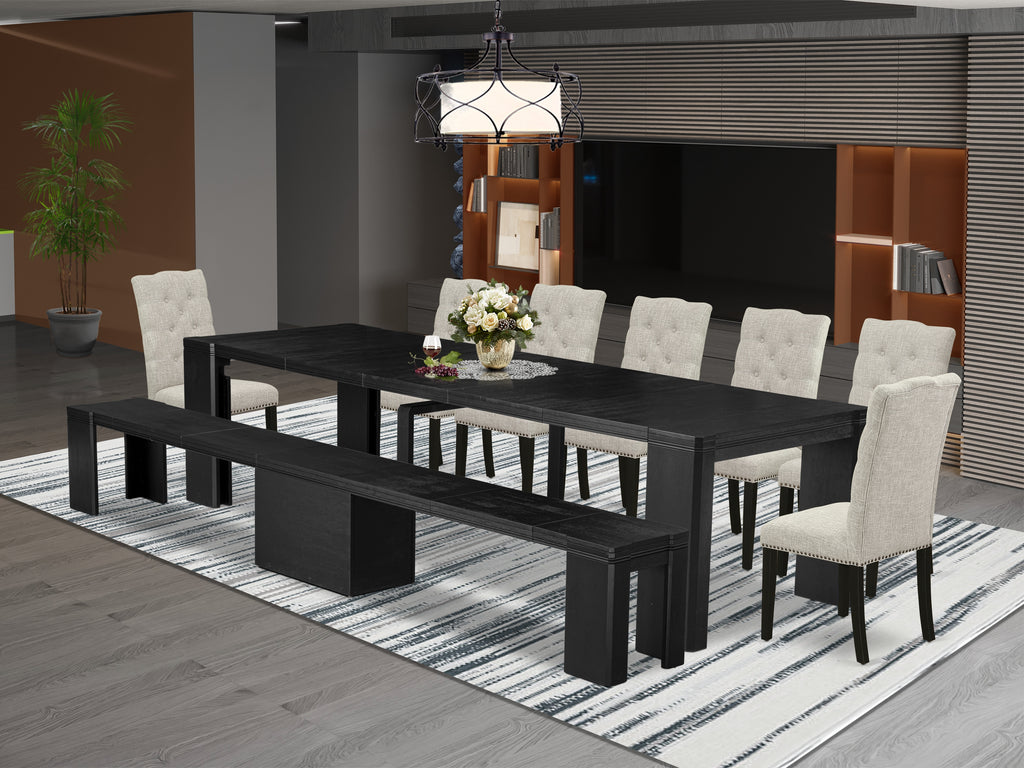 Luxe East West Furniture X07EL-B06-35 9-piece Dining Room Table Set a Rectangular Kitchen Table with a wooden Bench and 7 Doeskin Linen Fabric Dining Chair, Wire Brushed Black Finish.