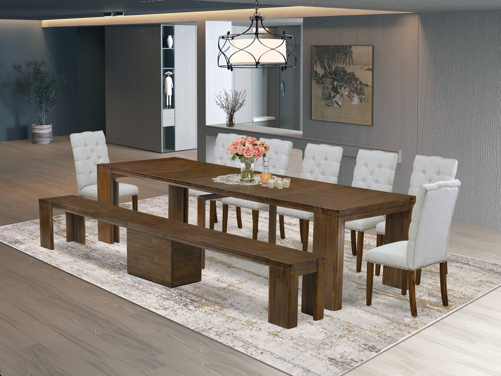 Luxe by East West Furniture X07EL-B08-05-9 Pieces Extendable Dining Set Includes a Rectangle Kitchen Table, 7 Dining Chairs and 1 Modern Bench, Antique Walnut