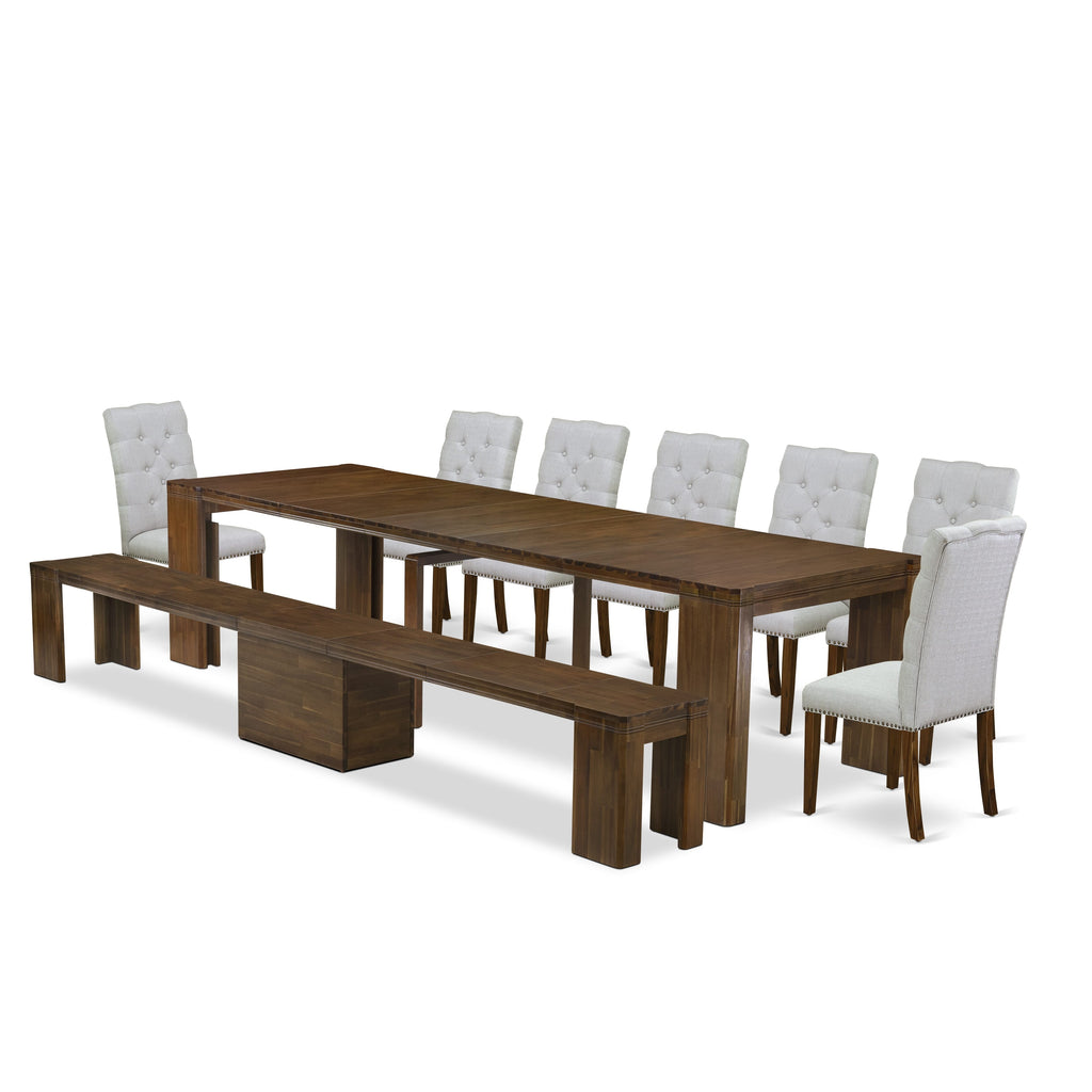 Luxe by East West Furniture X07EL-B08-05-9 Pieces Extendable Dining Set Includes a Rectangle Kitchen Table, 7 Dining Chairs and 1 Modern Bench, Antique Walnut