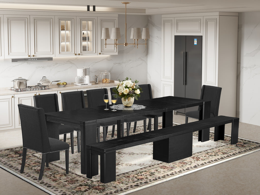 Luxe East West Furniture X07FL-B06-24 9-piece Dining Room Table Set a Rectangular Kitchen Table and a wooden Bench and 7 Black Linen Fabric Dining Chair, Wire Brushed Black Finish.