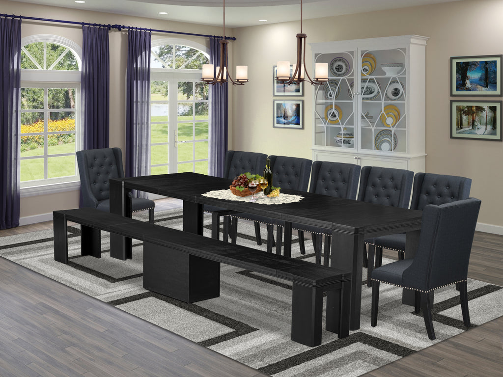 Luxe East West Furniture X07FO-B06-24 9-piece Dining Room Table Set a Rectangular Dining Table and a wooden Bench and 7 Black Linen Fabric Kitchen Chair, Wire Brushed Black Finish.