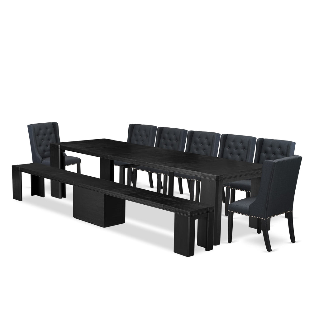 Luxe East West Furniture X07FO-B06-24 9-piece Dining Room Table Set a Rectangular Dining Table and a wooden Bench and 7 Black Linen Fabric Kitchen Chair, Wire Brushed Black Finish.