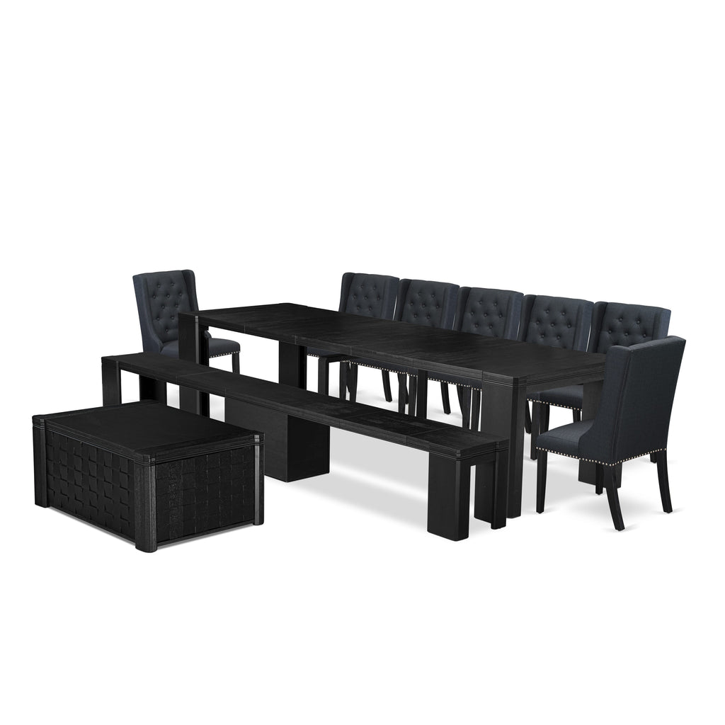 Luxe East West Furniture X07FO-BC6-24 10-piece Dining Room Table Set a Rectangular Kitchen Table with a coffee Table and a wooden Bench and 7 Black Linen Fabric Dining Chair, Wire Brushed Black Finish.