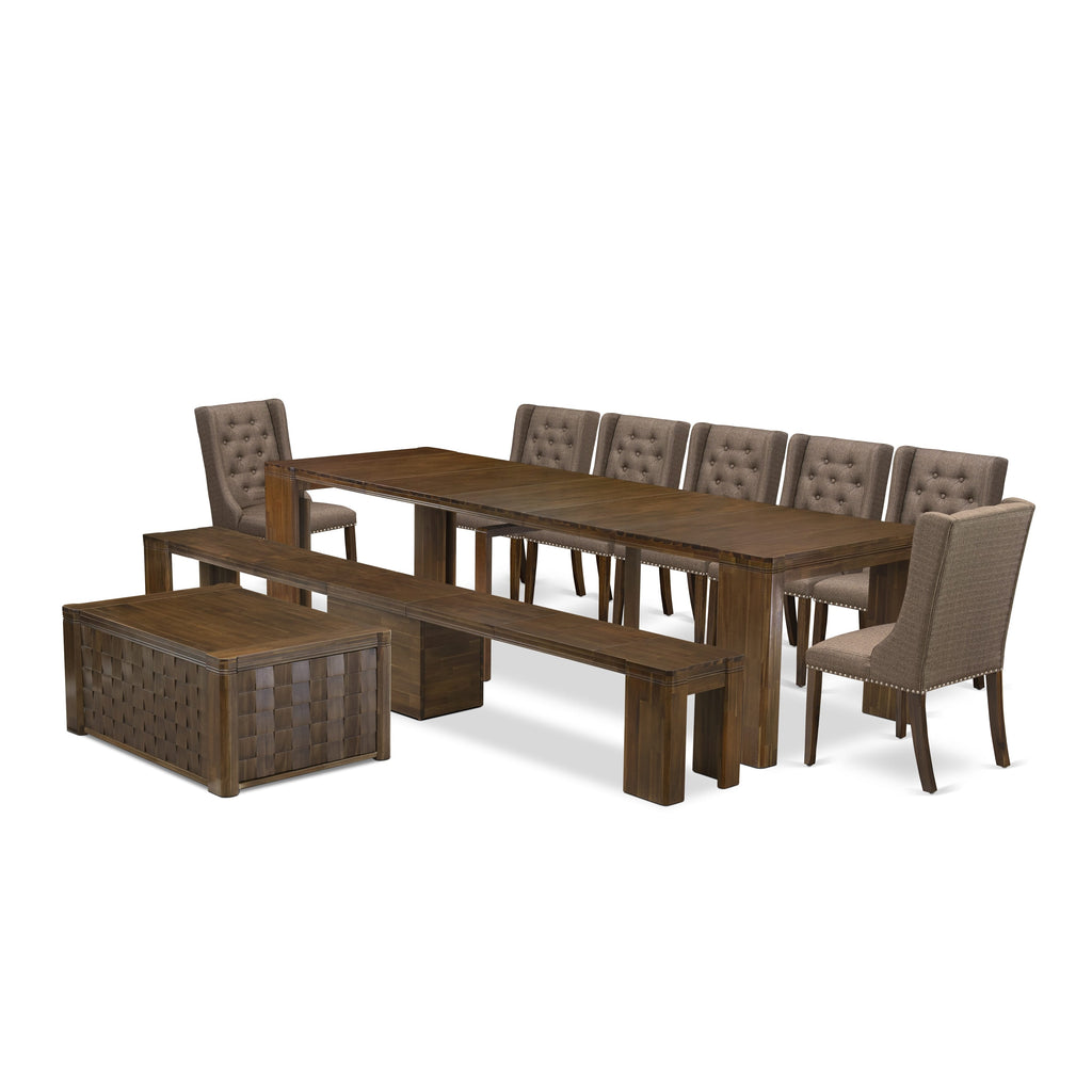 Luxe by East West Furniture X07FO-BC8-18 -10 Pieces Extendable Dining Set Includes a Rectangle Kitchen Table, 1 Coffee Table, 7 Dining Chairs and 1 Modern Bench, Antique Walnut