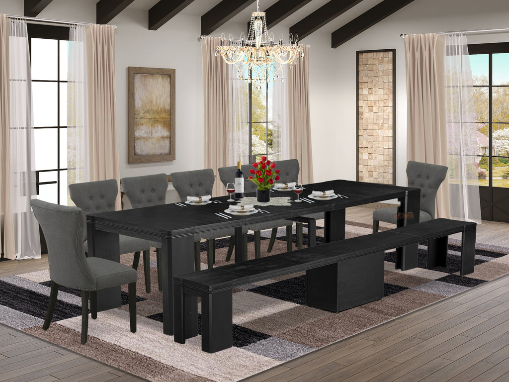 Luxe East West Furniture X07GA-B06-50 9-piece Dining Room Table Set a Rectangular Dining Table and a wooden Bench and 7 Dark Gotham Grey Linen Fabric Kitchen Chair, Wire Brushed Black Finish.