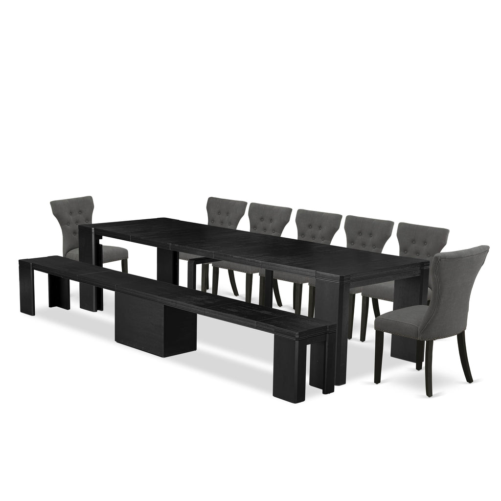 Luxe East West Furniture X07GA-B06-50 9-piece Dining Room Table Set a Rectangular Dining Table and a wooden Bench and 7 Dark Gotham Grey Linen Fabric Kitchen Chair, Wire Brushed Black Finish.