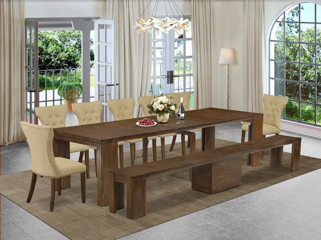 Luxe by East West Furniture X07GA-B08-03 -9 Pieces Extendable Dining Set Includes a Rectangle Kitchen Table, 7 Dining Chairs and 1 Modern Bench, Antique Walnut