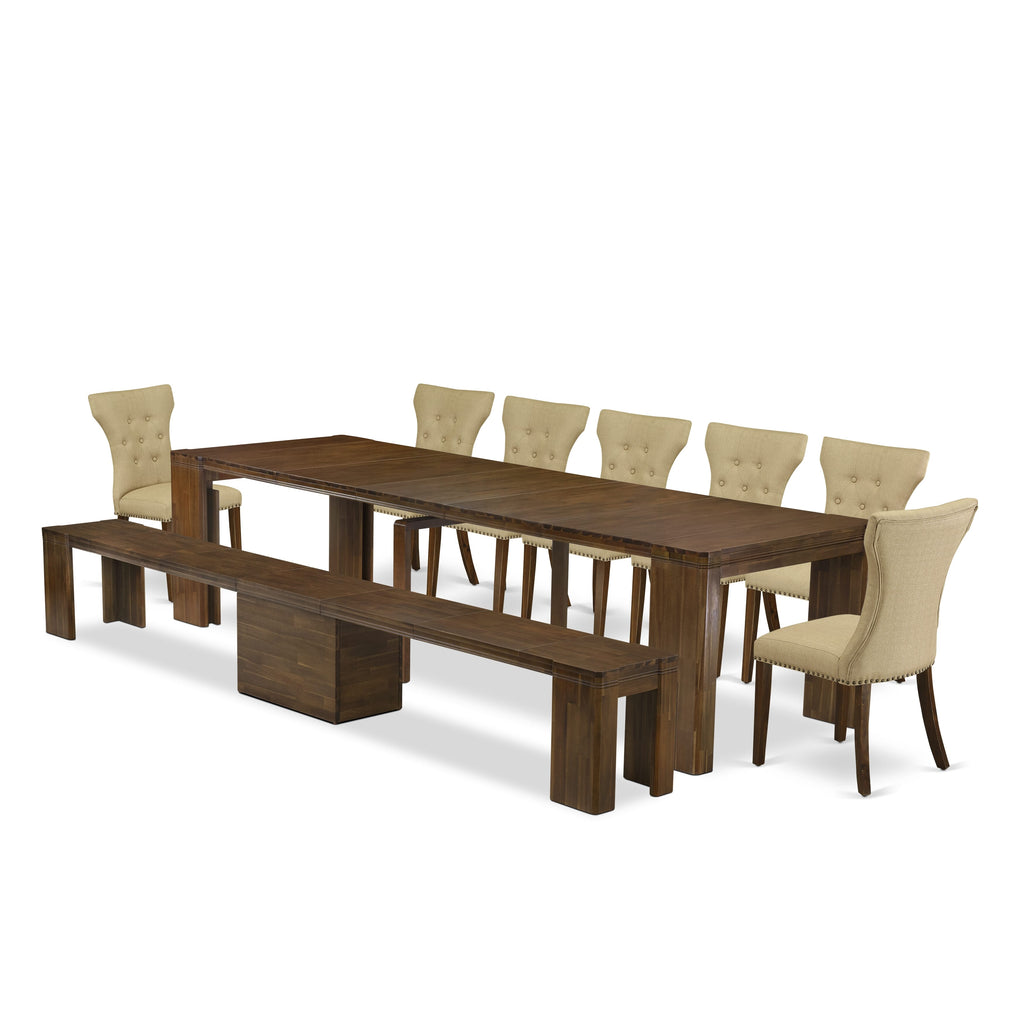 Luxe by East West Furniture X07GA-B08-03 -9 Pieces Extendable Dining Set Includes a Rectangle Kitchen Table, 7 Dining Chairs and 1 Modern Bench, Antique Walnut