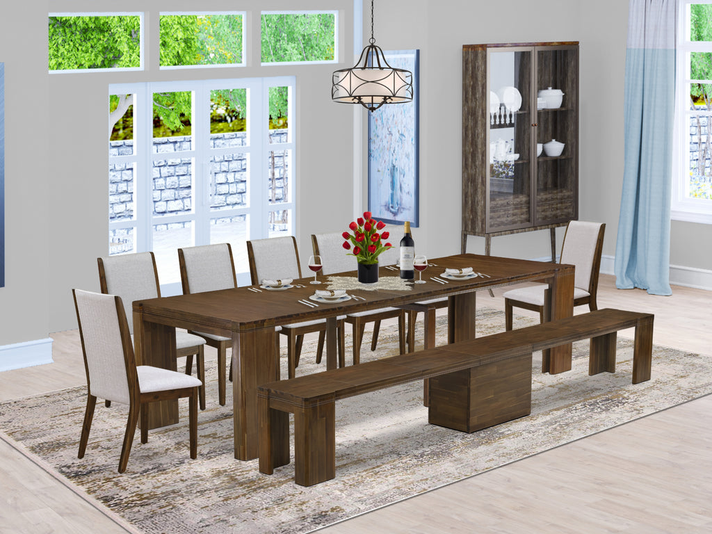 Luxe by East West Furniture X07LA-B08-05 -9  Pieces Extendable Dining Set Includes a Rectangle Kitchen Table, 7 Dining Chairs and 1 Modern Bench, Antique Walnut