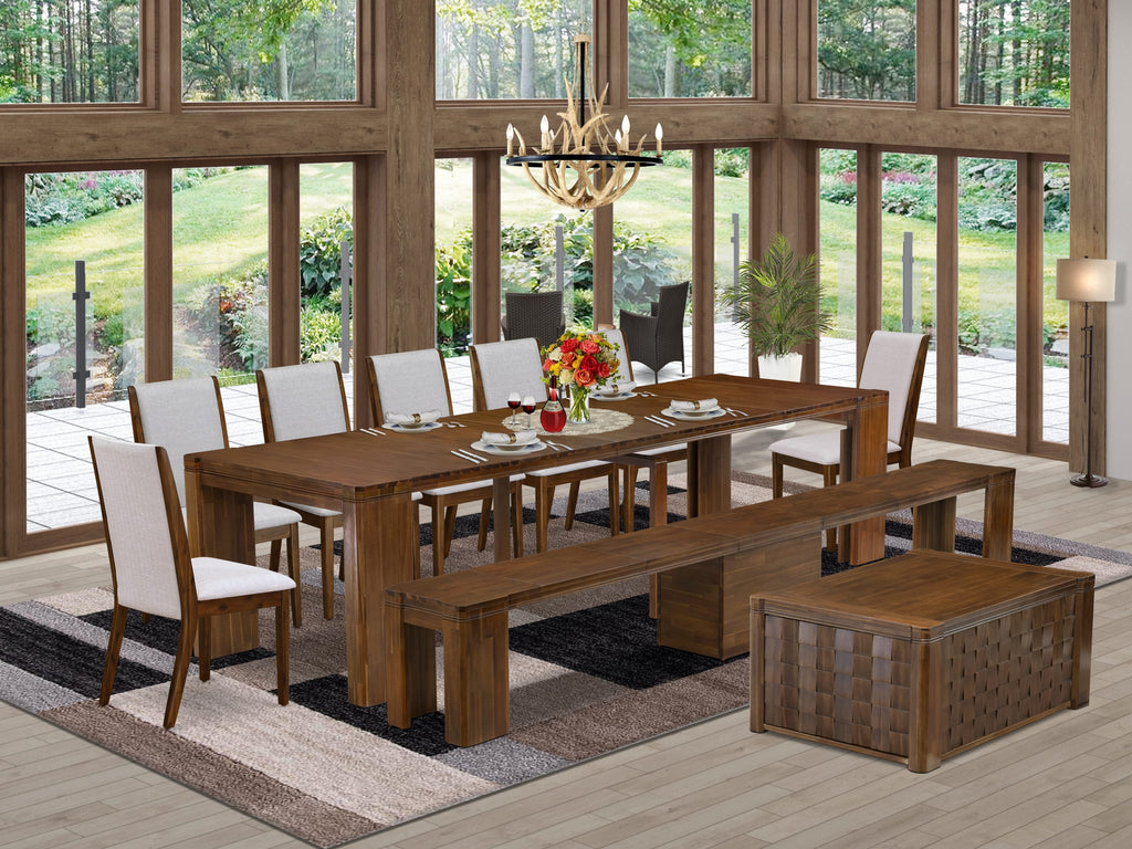 Luxe by East West Furniture X07LA-BC8-05 -10 Pieces Extendable Dining Set Includes a Rectangle Kitchen Table, 1 Coffee Table, 7 Dining Chairs and 1 Modern Bench, Antique Walnut