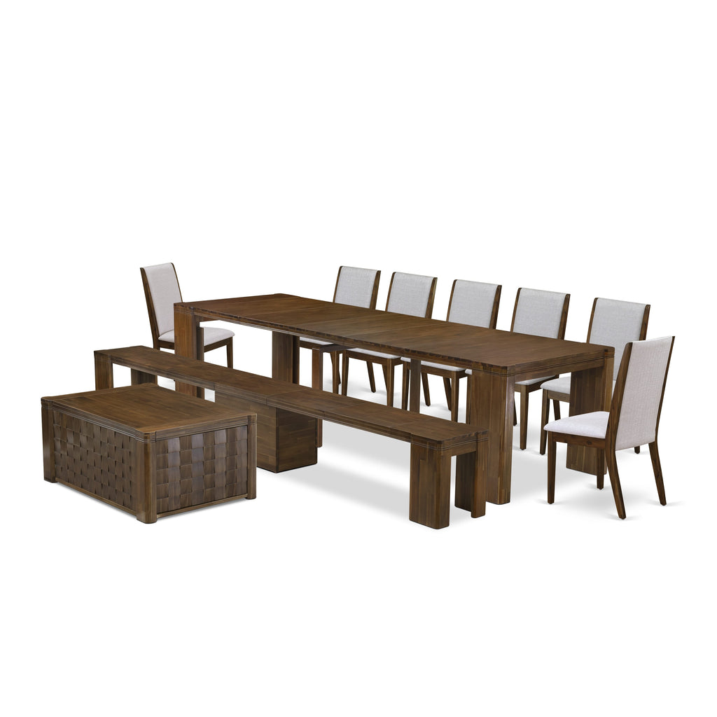 Luxe by East West Furniture X07LA-BC8-05 -10 Pieces Extendable Dining Set Includes a Rectangle Kitchen Table, 1 Coffee Table, 7 Dining Chairs and 1 Modern Bench, Antique Walnut