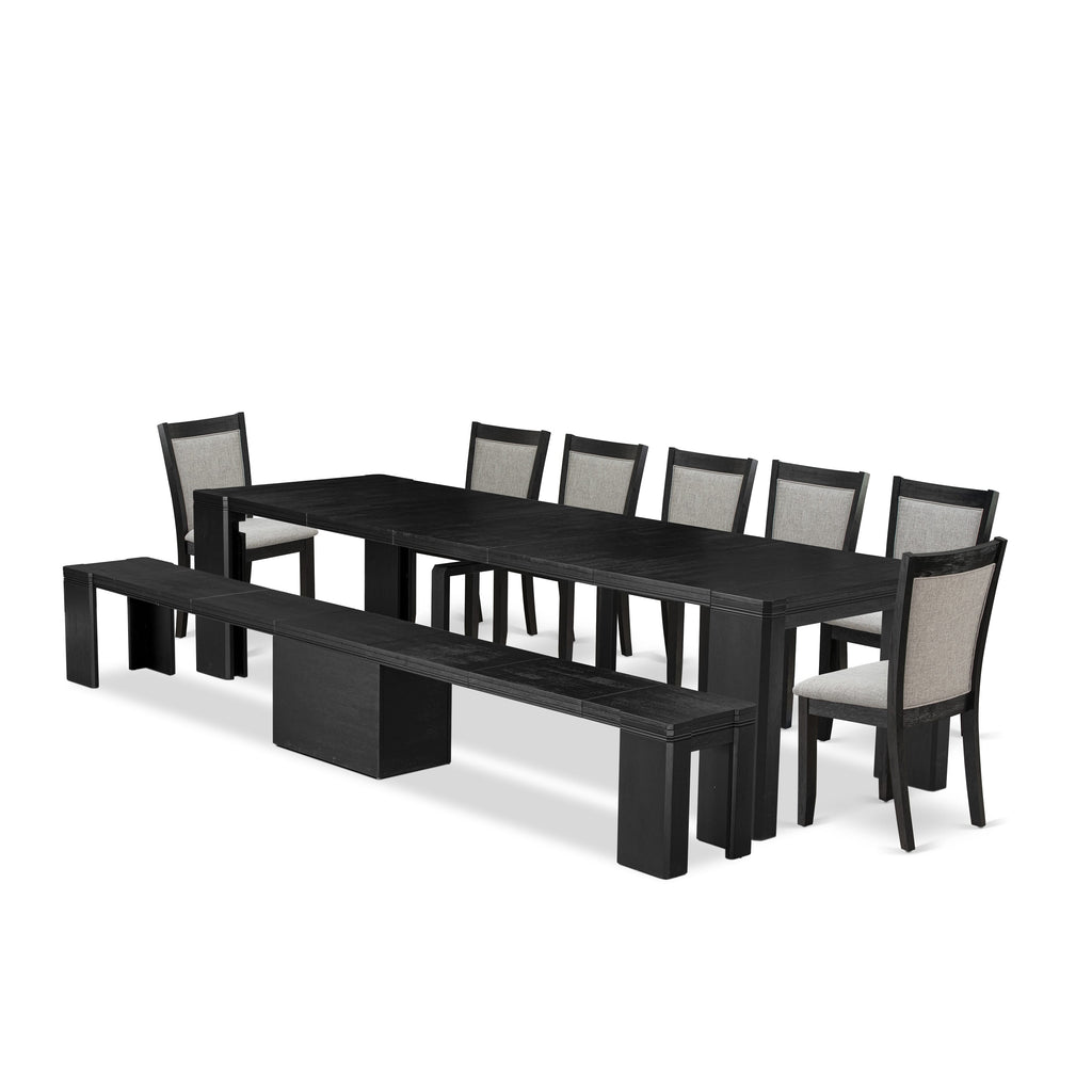 Luxe East West Furniture X07MZ-B06-06 9-piece Dining Room Table Set a Rectangular Dining Table with wooden Benches and 7 Shitake Linen Fabric Dining Chair, Wire Brushed Black Finish.