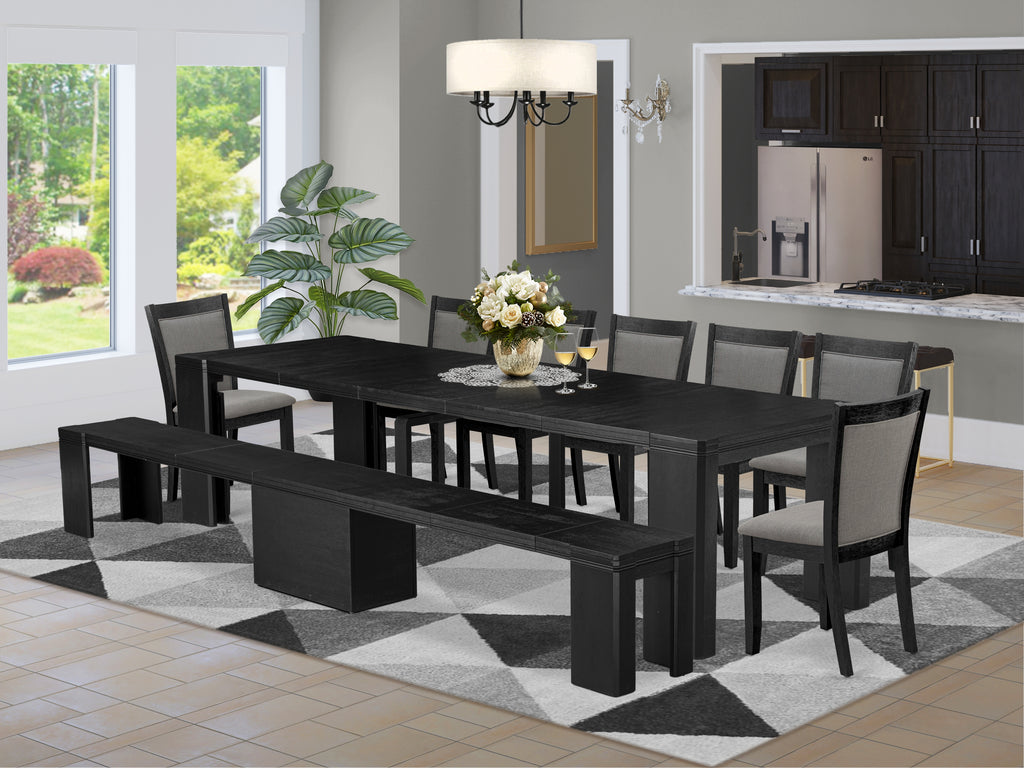 Luxe East West Furniture X07MZ-B06-06 9-piece Dining Room Table Set a Rectangular Dining Table with wooden Benches and 7 Shitake Linen Fabric Dining Chair, Wire Brushed Black Finish.