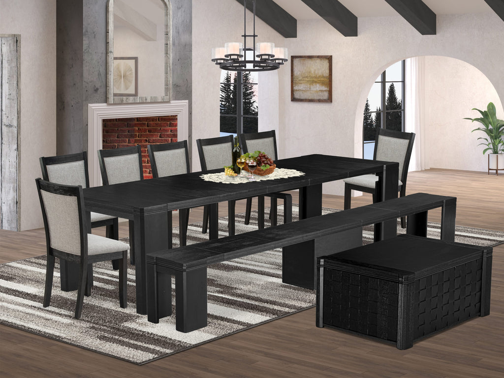 Luxe East West Furniture X07MZ-BC6-06 10-piece Dining Room Table Set a Rectangular Kitchen Table with coffee Table and wooden Benches and 7 Shitake Linen Fabric Dining Chair, Wire Brushed Black Finish.