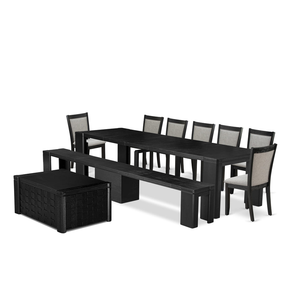 Luxe East West Furniture X07MZ-BC6-06 10-piece Dining Room Table Set a Rectangular Kitchen Table with coffee Table and wooden Benches and 7 Shitake Linen Fabric Dining Chair, Wire Brushed Black Finish.