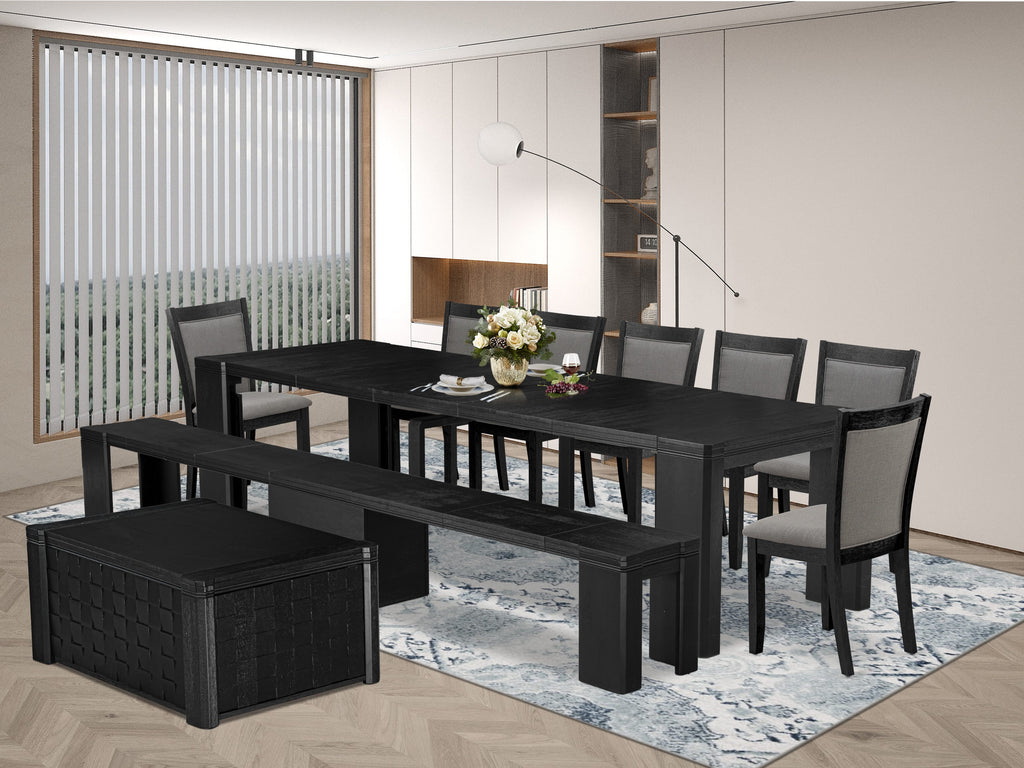 Luxe East West Furniture X07MZ-BC6-50 10-piece Dining Room Table Set a Rectangular Kitchen Table with a coffee Table and a wooden Bench and 7 Dark Gotham Grey Linen Fabric Dining Chair, Wire Brushed Black Finish.