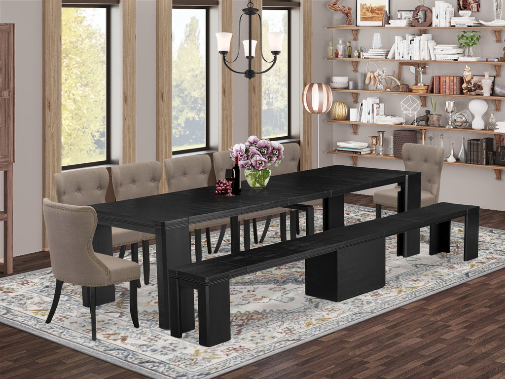 Luxe East West Furniture X07SI-B06-48 9-piece Dining Room Table Set a Rectangular Kitchen Table and a wooden Bench and 7 coffee Linen Fabric Dining Chair, Wire Brushed Black Finish.