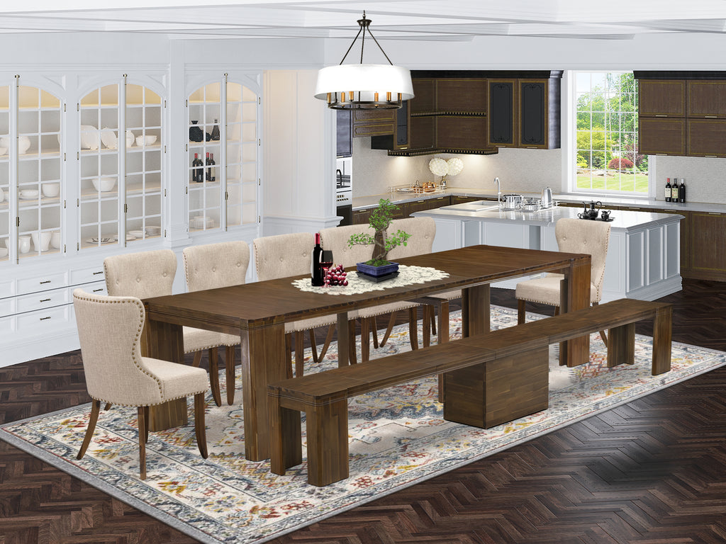 Luxe by East West Furniture X07SI-B08-04 -9 Pieces Extendable Dining Set Includes a Rectangle Kitchen Table, 7 Dining Chairs and 1 Modern Bench, Antique Walnut