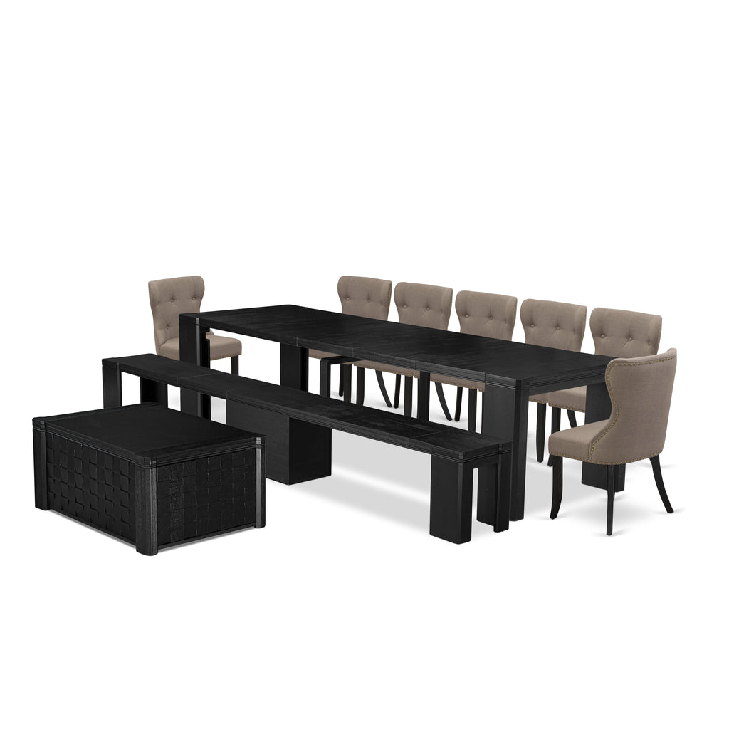 Luxe East West Furniture X07SI-BC6-48 10-piece Dining Room Table Set a Rectangular Kitchen Table with a coffee Table and wooden Bench and 7 coffee Linen Fabric Dining Chair, Wire Brushed Black Finish