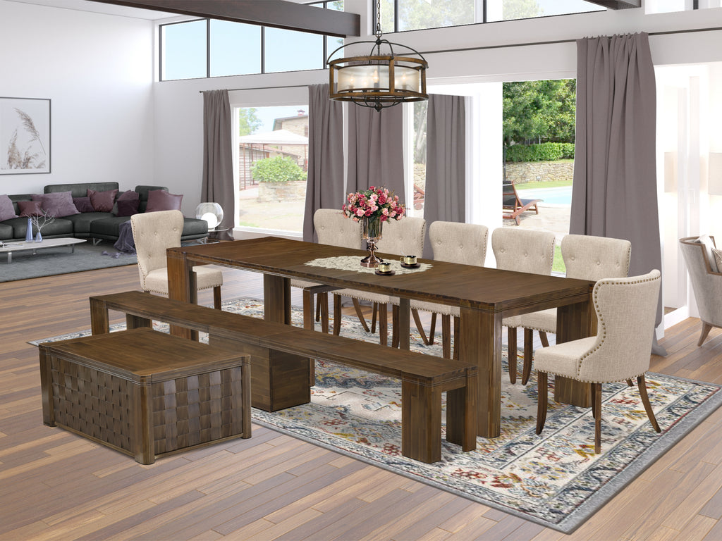 Luxe by East West Furniture X07SI-BC8-04 -10 Pieces Extendable Dining Set Includes a Rectangle Kitchen Table, 1 Coffee Table, 7 Dining Chairs and 1 Modern Bench, Antique Walnut