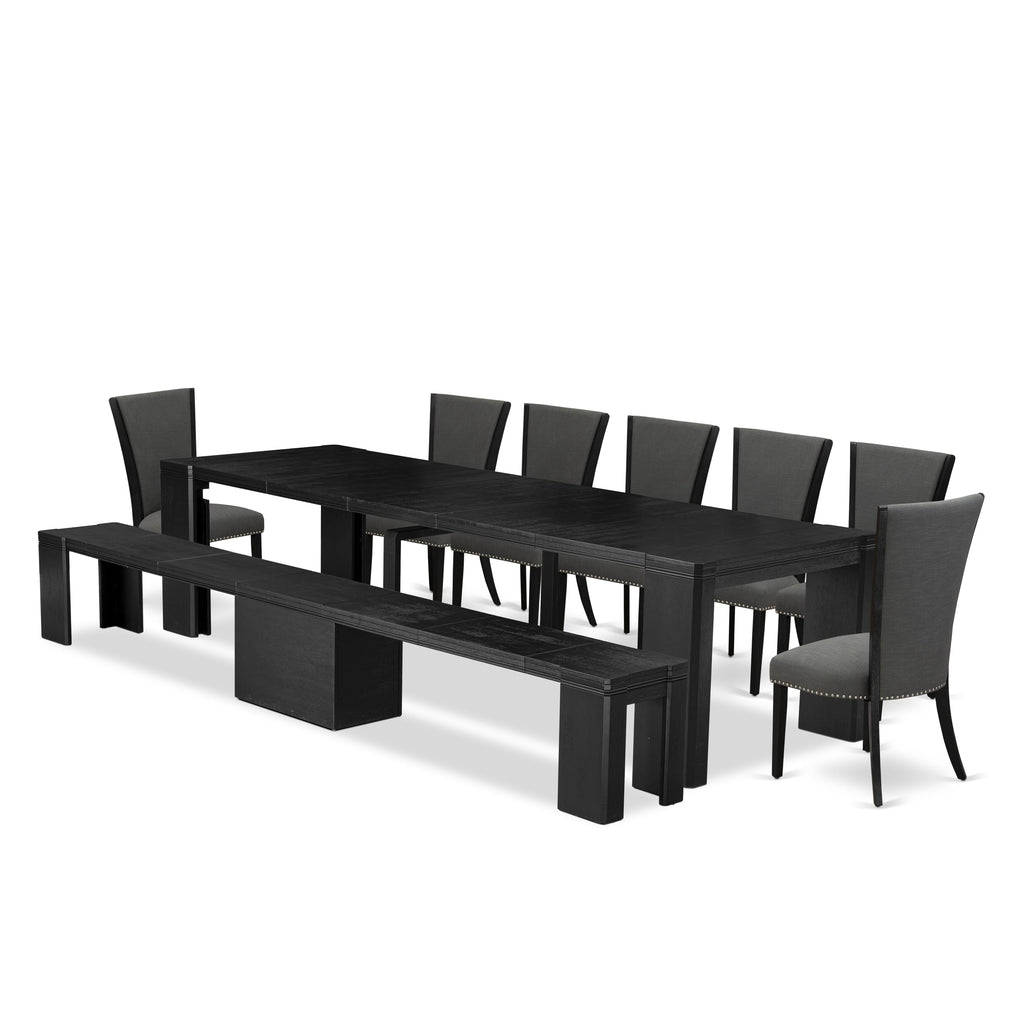 Luxe East West Furniture X07VE-B06-50 9-piece Dining Room Table Set a Rectangular Dining Table and wooden Benches and 7 Dark Gotham Grey Linen Fabric Dining Chair, Wire Brushed Black Finish.