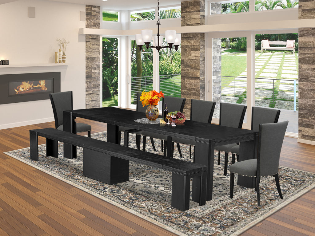 Luxe East West Furniture X07VE-B06-50 9-piece Dining Room Table Set a Rectangular Dining Table and wooden Benches and 7 Dark Gotham Grey Linen Fabric Dining Chair, Wire Brushed Black Finish.