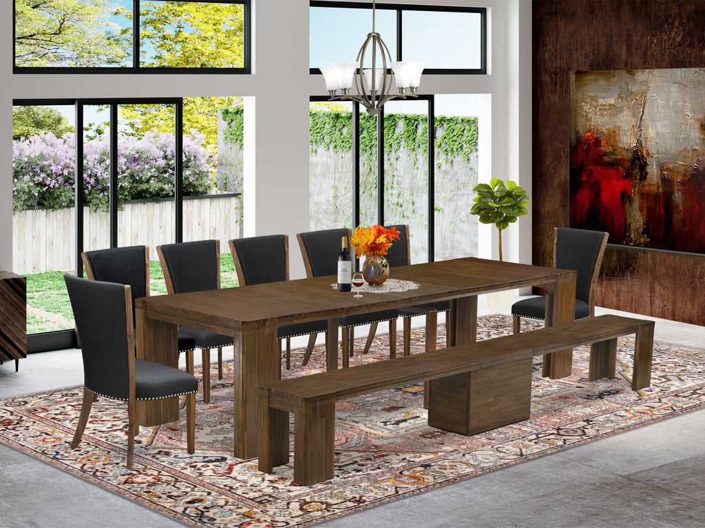 Luxe by East West Furniture X07VE-B08-24-9 Pieces Extendable Dining Set Includes a Rectangle Kitchen Table, 7 Dining Chairs and 1 Modern Bench, Antique Walnut