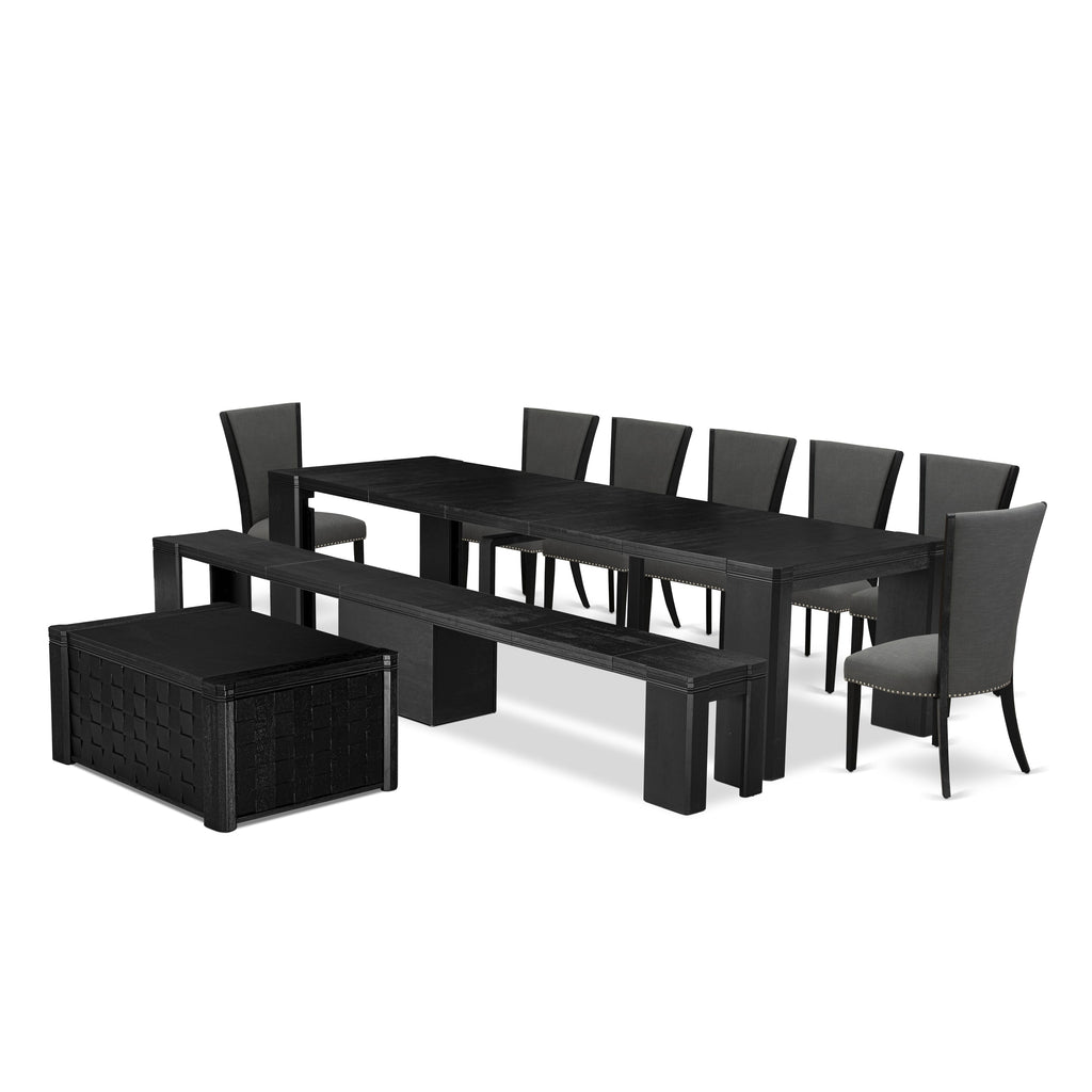 Luxe East West Furniture X07VE-BC6-50 10-piece Dining Room Table Set a Rectangular Kitchen Table with a coffee Table and wooden Bench and 7 Dark Gotham Grey Linen Fabric Dinner Chair, Wire Brushed Black Finish.