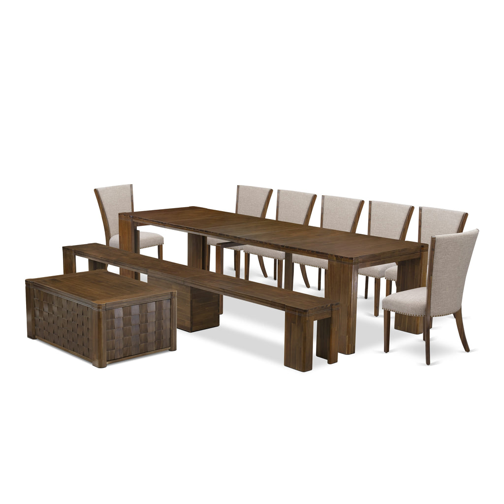 Luxe by East West Furniture X07VE-BC8-04 -10 Pieces Extendable Dining Set Includes a Rectangle Kitchen Table, 1 Coffee Table, 7 Dining Chairs and 1 Modern Bench, Antique Walnut