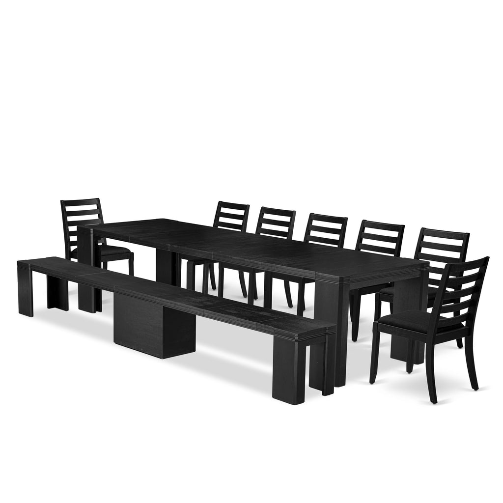 Luxe East West Furniture X07X1-B06-24 9-piece Modern Dining Room Table Set a Rectangular Dining Table and 2 wooden Benches and 7 Black Linen Fabric Stackable Chair, Wire Brushed Black Finish.