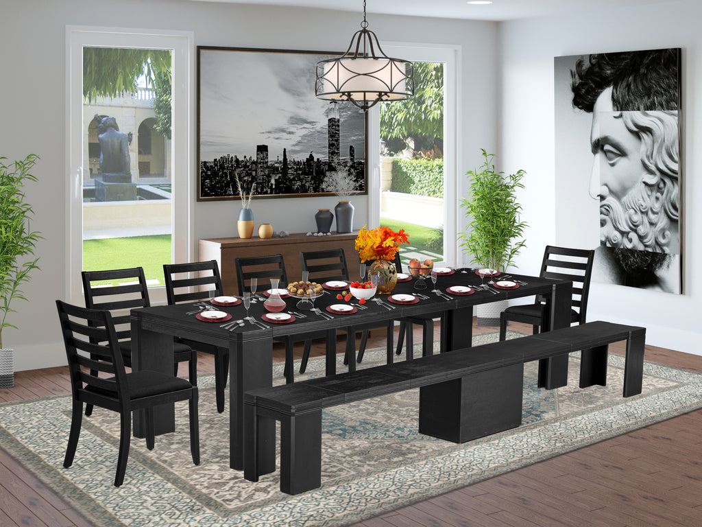 Luxe East West Furniture X07X1-B06-24 9-piece Modern Dining Room Table Set a Rectangular Dining Table and 2 wooden Benches and 7 Black Linen Fabric Stackable Chair, Wire Brushed Black Finish.