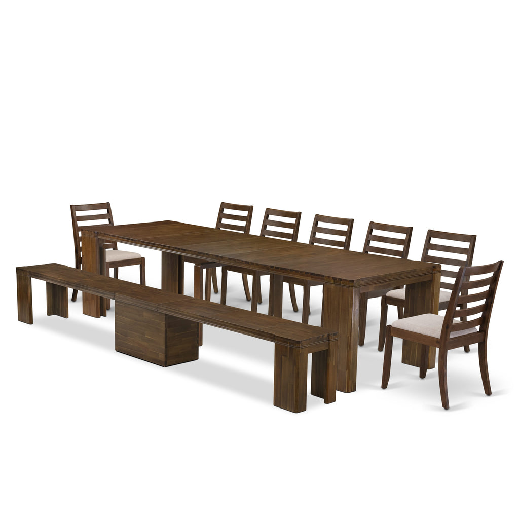 Luxe by East West Furniture X07X1-B08-04- 9 Pieces Extendable Dining Set Includes a Rectangle Kitchen Table and 7 Stackable Dining Chairs and 1 Modern Bench, Antique Walnut