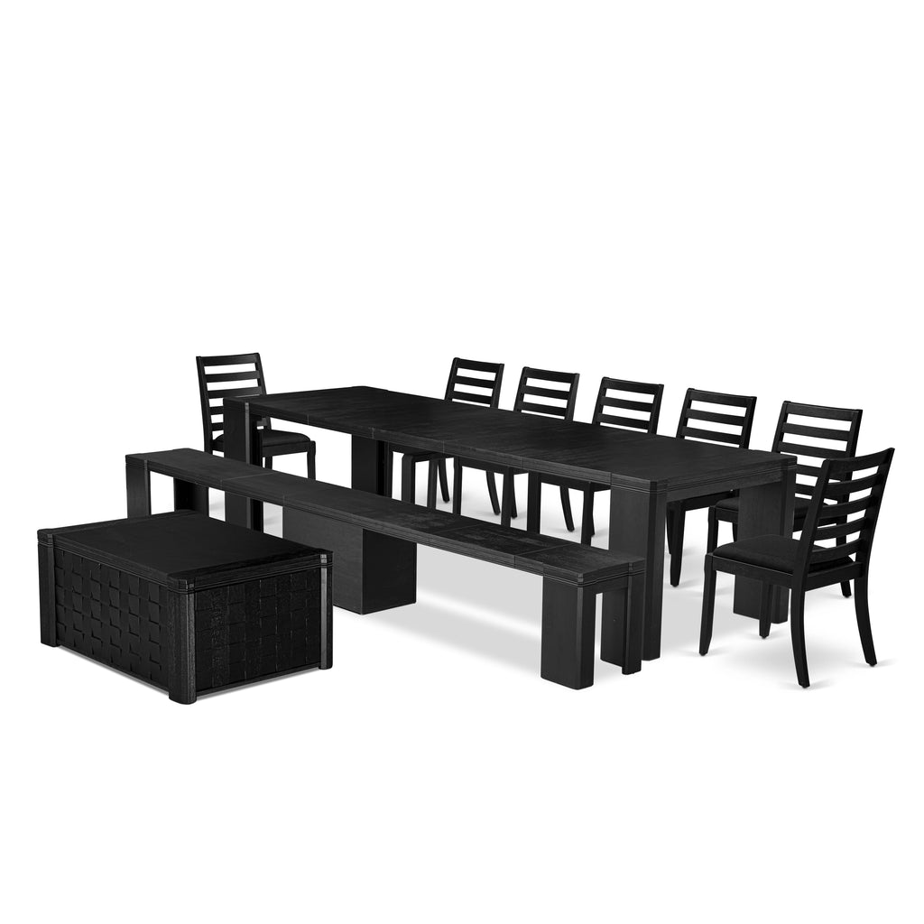 Luxe East West Furniture X07X1-BC6-24 10-piece Modern Dining Room Table Set a Rectangular Dining Table with a coffee Table and a wooden Bench and 7 Black Linen Fabric Stackable Chair, Wire Brushed Black Finish.