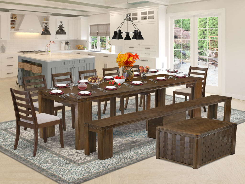 Luxe by East West Furniture X07X1-BC8-04- 10 Pieces Extendable Dining Set Includes 1 Rectangle Kitchen Table, 1 Coffee Table, 7 Stackable Chairs and 1 Modern Bench, Antique Walnut