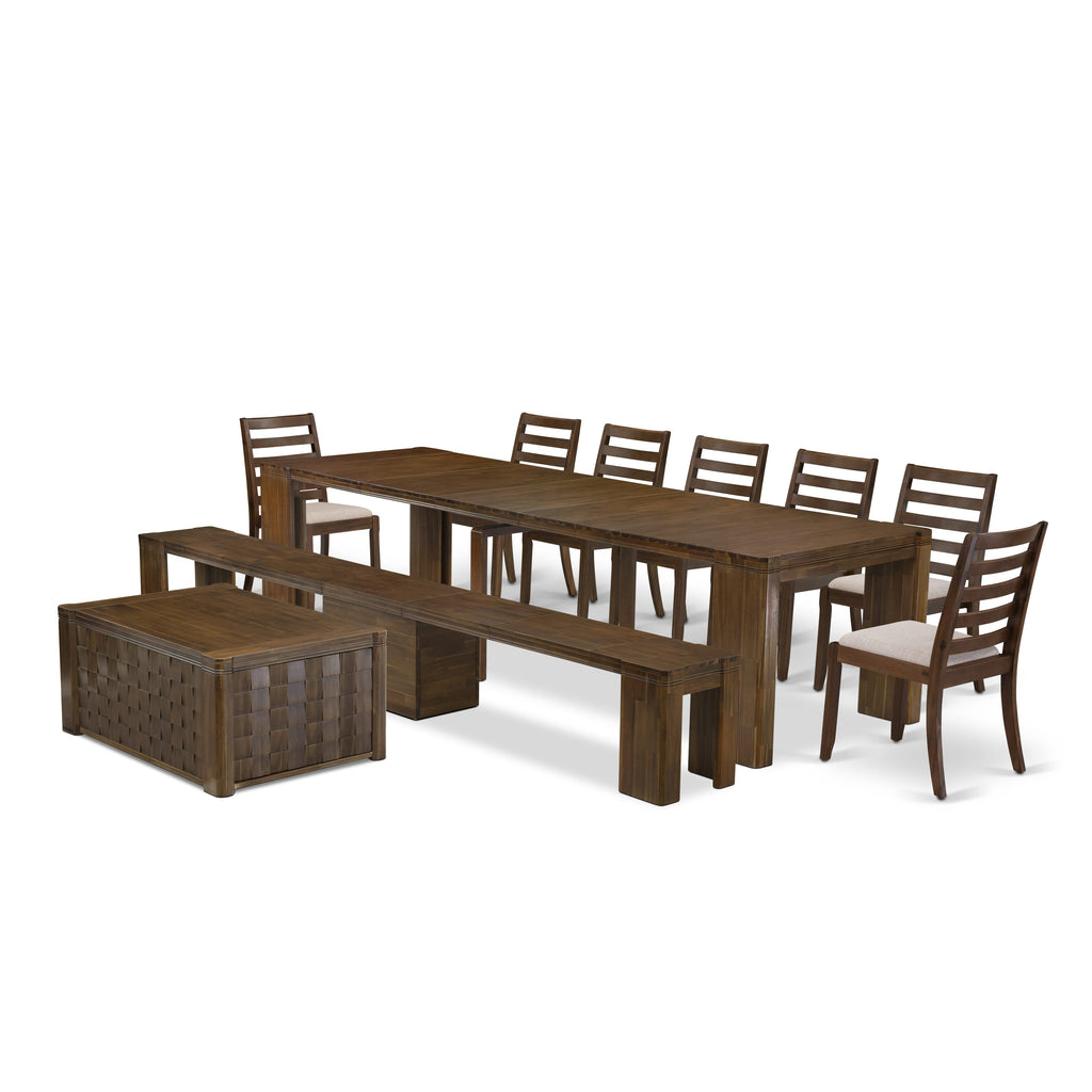 Luxe by East West Furniture X07X1-BC8-04- 10 Pieces Extendable Dining Set Includes 1 Rectangle Kitchen Table, 1 Coffee Table, 7 Stackable Chairs and 1 Modern Bench, Antique Walnut