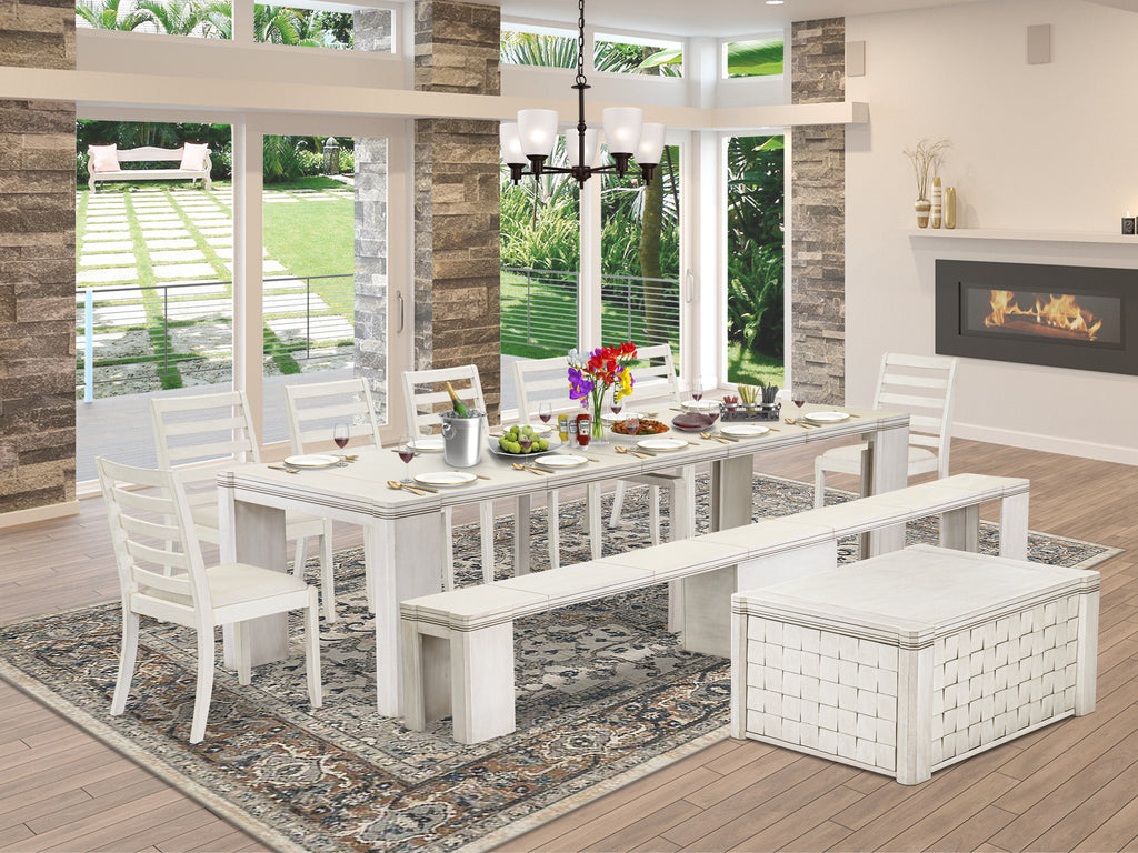 Luxe by East West Furniture X07X1-BCW-01-10 Pieces Extendable Dining Set Includes a Rectangle Kitchen Table, 1 Coffee Table, 7 Stackable Dining Chairs and 1 Modern Bench, Antique White