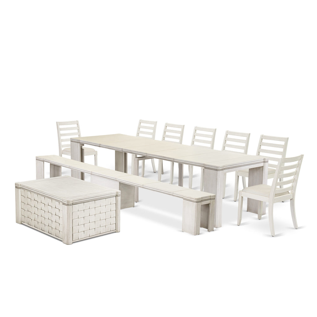 Luxe by East West Furniture X07X1-BCW-01-10 Pieces Extendable Dining Set Includes a Rectangle Kitchen Table, 1 Coffee Table, 7 Stackable Dining Chairs and 1 Modern Bench, Antique White