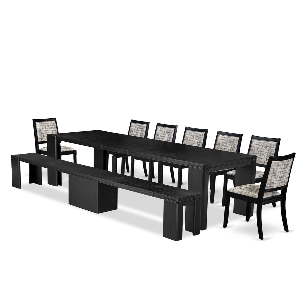 Luxe East West Furniture X07X2-B06-30 9-piece Dining Room Table Set a Rectangular Dining Table and a wooden Bench and 7 Wire Brushed Black Faux Leather Stackable Chair, Wire Brushed Black Finish.