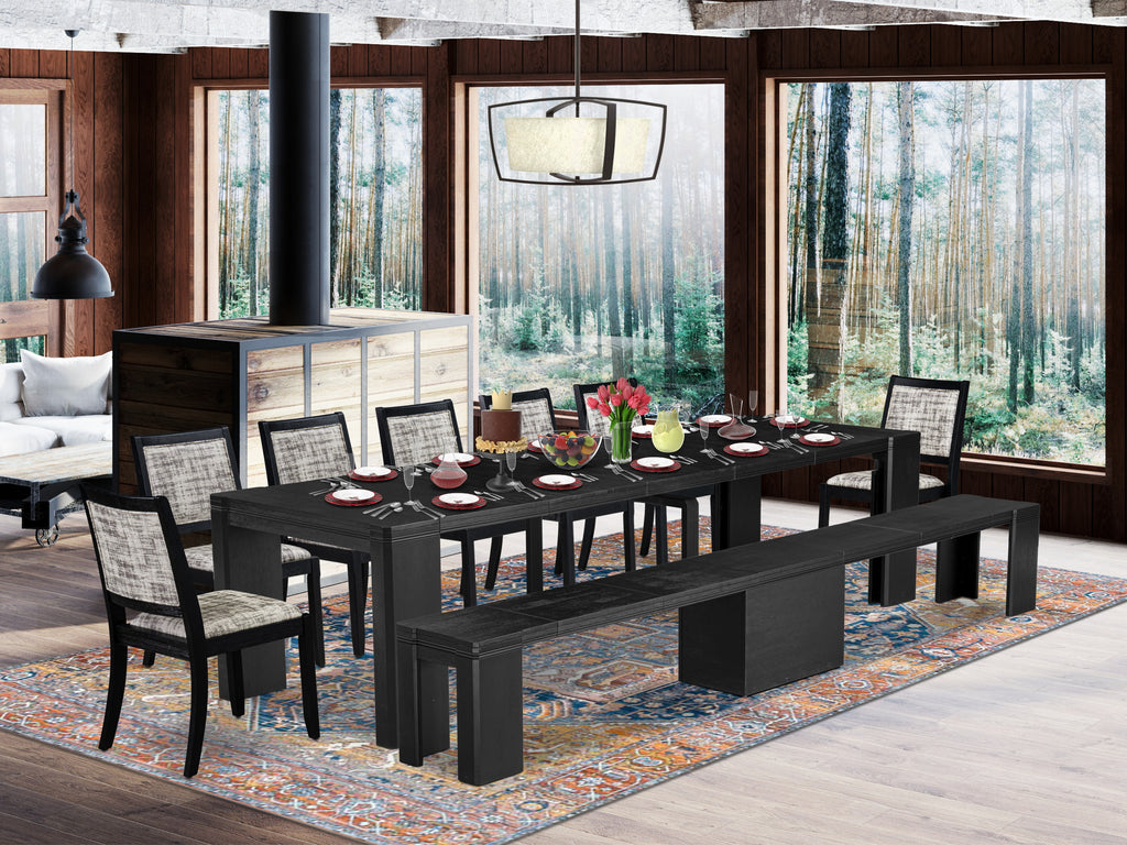 Luxe East West Furniture X07X2-B06-30 9-piece Dining Room Table Set a Rectangular Dining Table and a wooden Bench and 7 Wire Brushed Black Faux Leather Stackable Chair, Wire Brushed Black Finish.