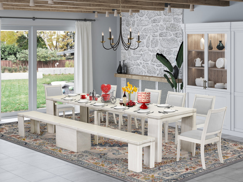 Luxe by East West Furniture X07X2-B0W-27 -9 Pieces Extendable Dining Set Includes a Rectangle Kitchen Table, 7 Stackable Chairs and 1 Modern Bench, Antique White