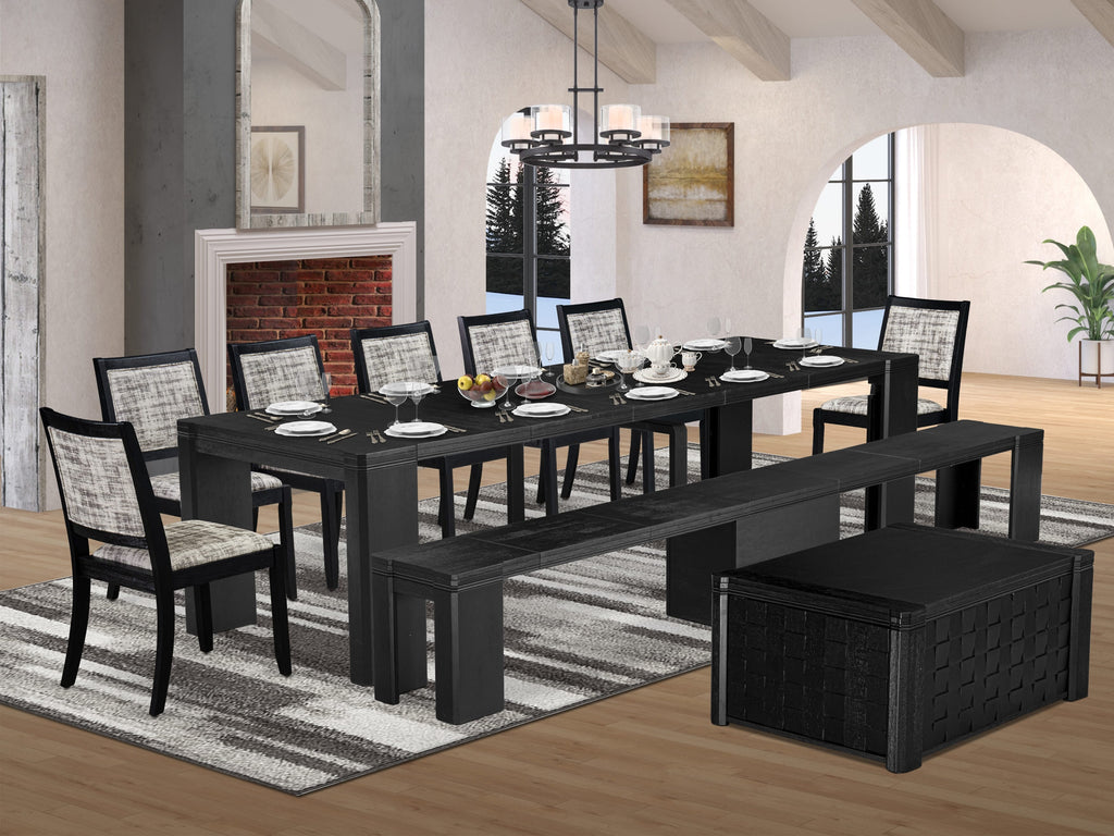 Luxe East West Furniture X07X2-BC6-30 10-piece Dining Room Table Set a Rectangular Kitchen Table with a coffee Table and a wooden Bench and 7 Wire Brushed Black Faux Leather Stackable Chair, Wire Brushed Black Finish.