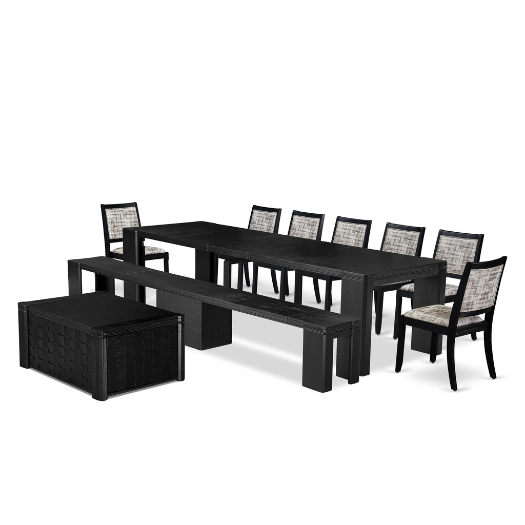 Luxe East West Furniture X07X2-BC6-30 10-piece Dining Room Table Set a Rectangular Kitchen Table with a coffee Table and a wooden Bench and 7 Wire Brushed Black Faux Leather Stackable Chair, Wire Brushed Black Finish.