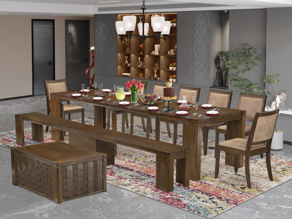 Luxe by East West Furniture X07X2-BC8-28 -10 Pieces Extendable Dining Set Includes a Rectangle Kitchen Table, 1 Coffee Table, 7 Stackable Dining Chairs and 1 Modern Bench, Antique Walnut