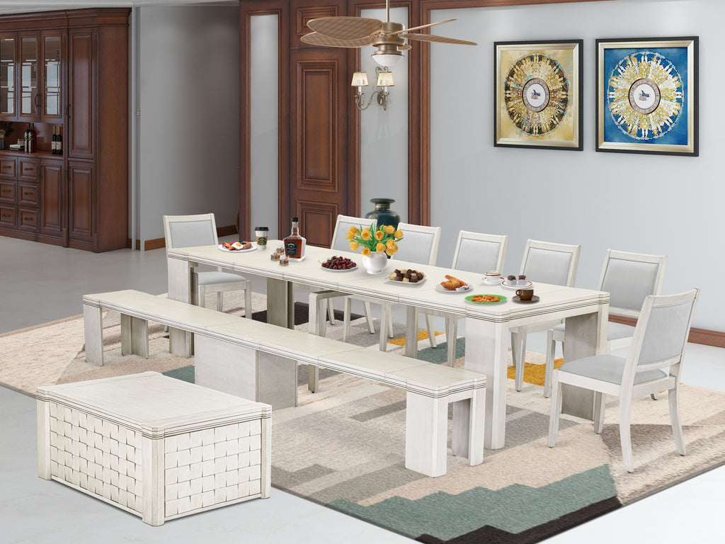 Luxe by East West Furniture X07X2-BCW-27-10 Pieces Extendable Dining Set Includes a Rectangle Kitchen Table, 1 Coffee Table, 7 Stackable Dining Chairs and 1 Modern Bench, Antique White