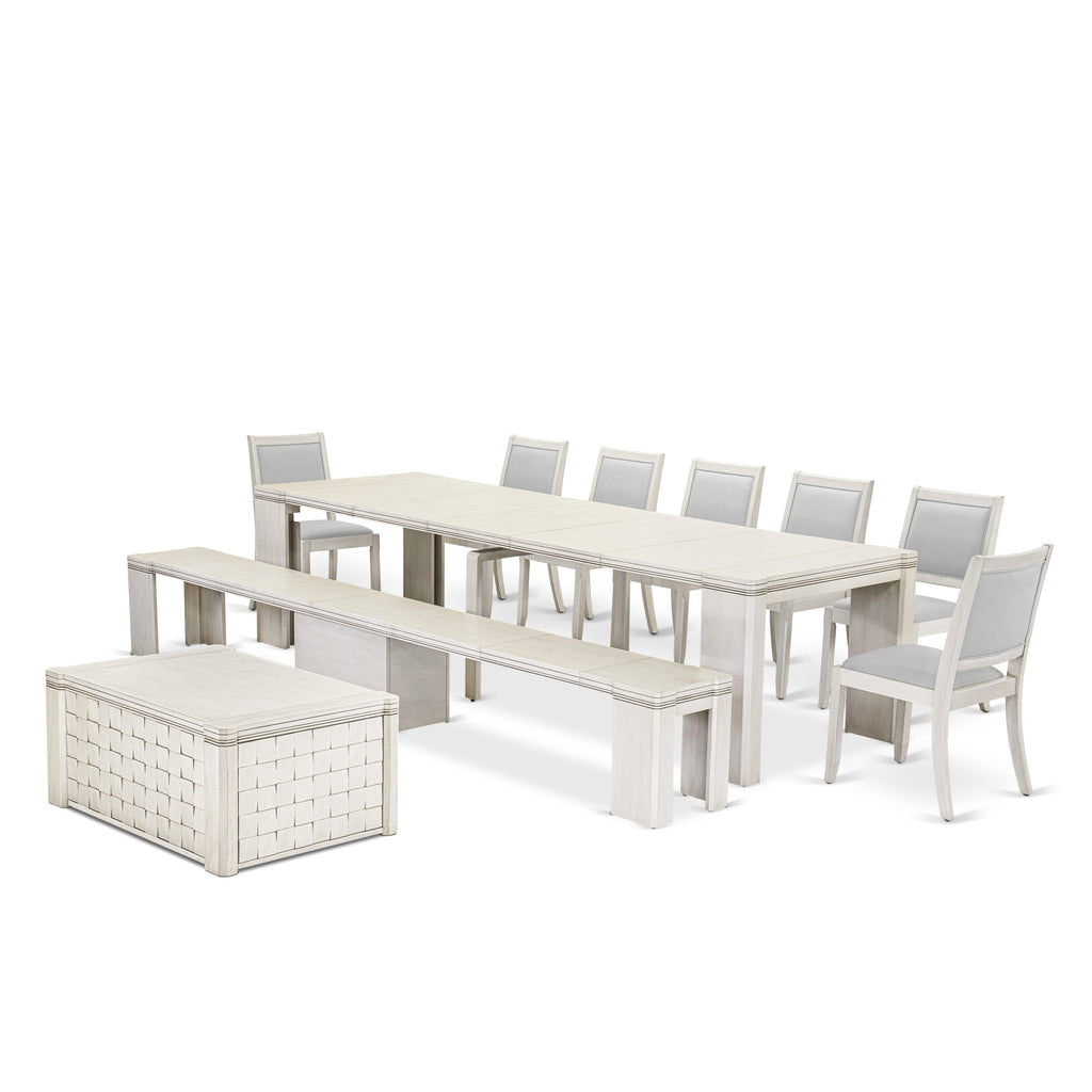 Luxe by East West Furniture X07X2-BCW-27-10 Pieces Extendable Dining Set Includes a Rectangle Kitchen Table, 1 Coffee Table, 7 Stackable Dining Chairs and 1 Modern Bench, Antique White