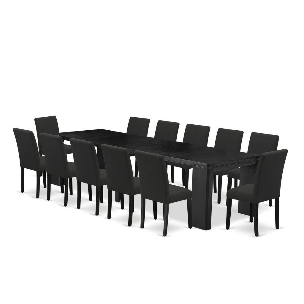 Luxe East West Furniture X12AB-006-2413-piece Modern Dining Room Table Set a Rectangular Kitchen Table and 12 Black Linen Fabric Dining Chair, Wire Brushed Black Finish.