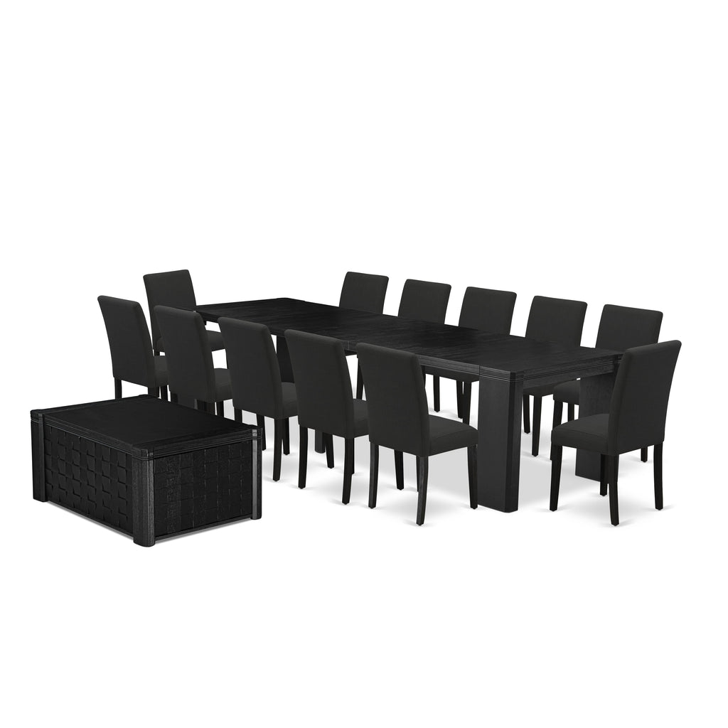 Luxe East West Furniture X12AB-0C6-24 14-piece Dining Room Table Set a Rectangular Kitchen Table with a dining coffee table and 12 Black Linen Fabric Dining Chair, Wire Brushed Black Finish.